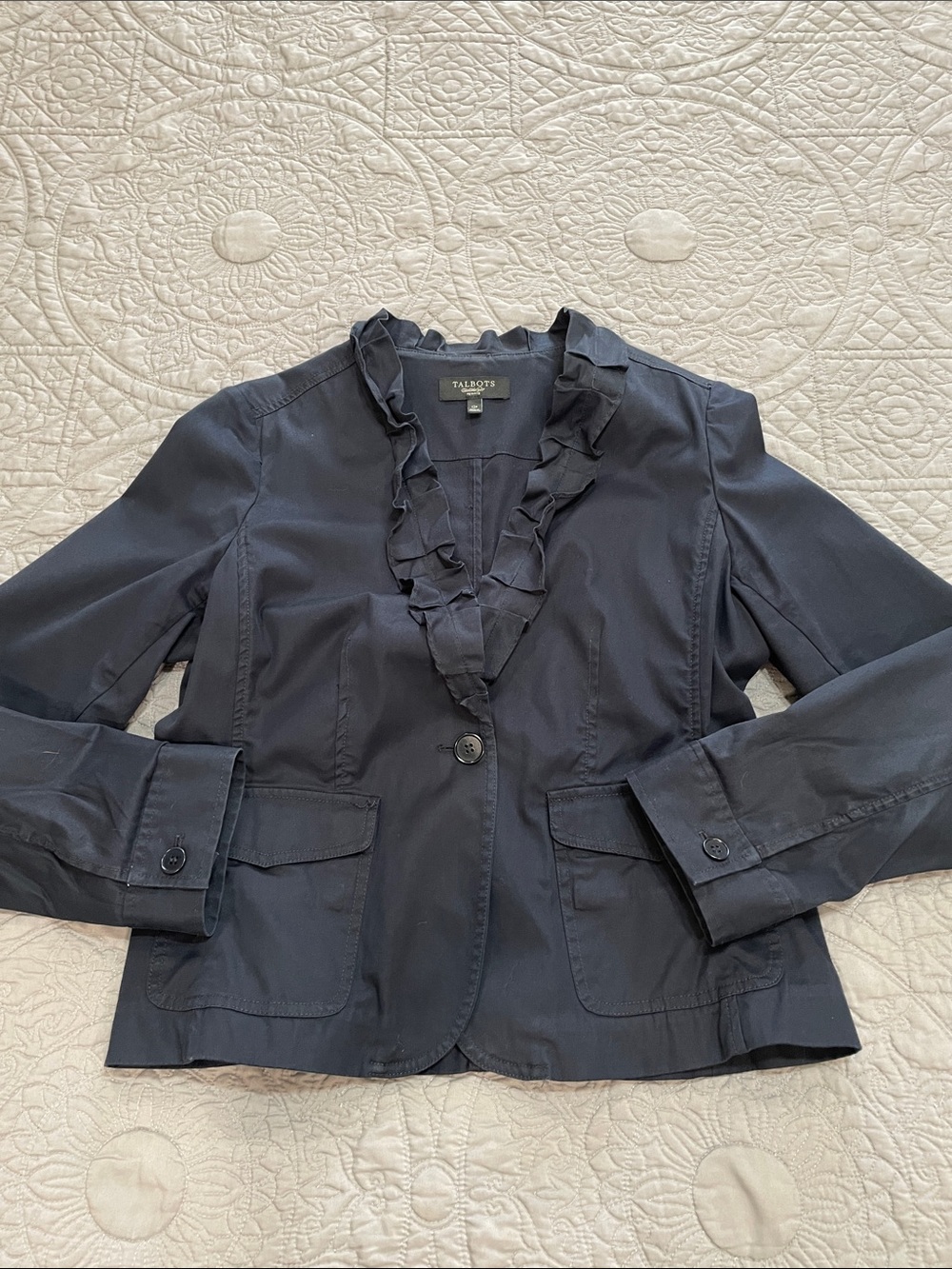 Talbots Navy Ruffle-Trim Single-Button Blazer 12P